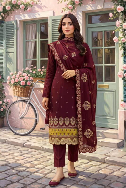 Women's Unstitched Navy 5 Pcs Self Jacquard Sequins Embroidered Suit