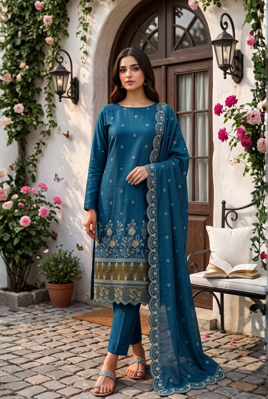 Women's Unstitched Olive Green 5 Pcs Self Jacquard Sequins Embroidered Suit