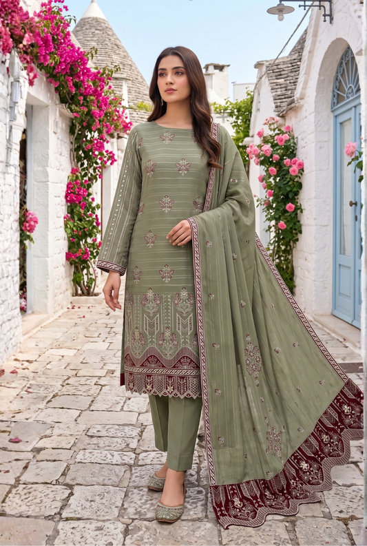 Women's Unstitched Black 5 Pcs Self Jacquard Sequins Embroidered Suit