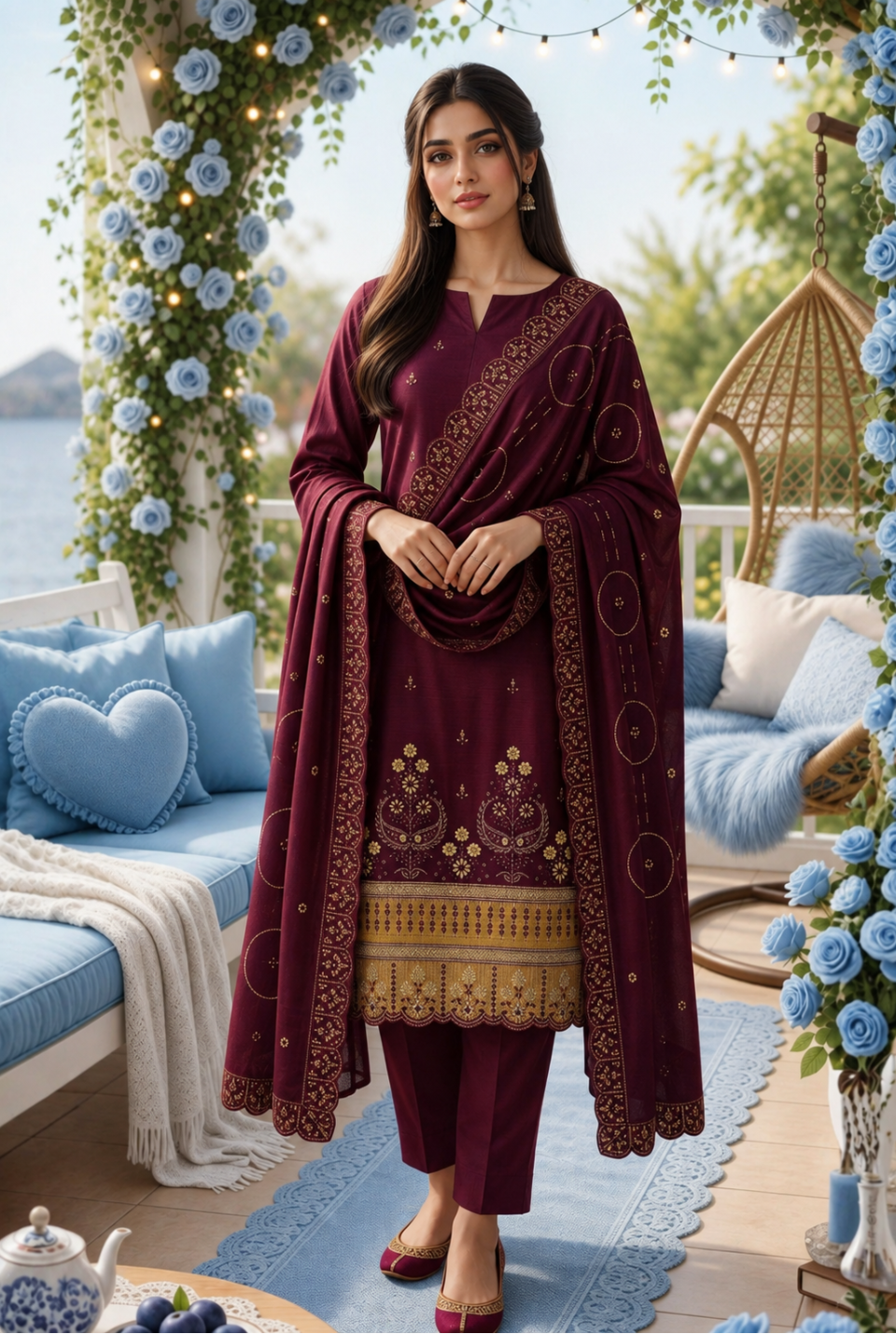Women's Unstitched Orange 5 Pcs Self Jacquard Sequins Embroidered Suit