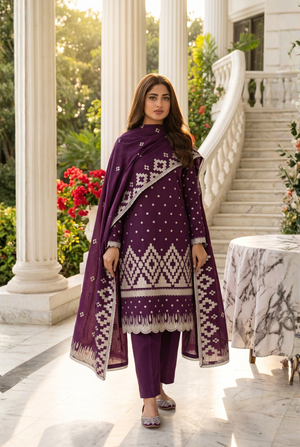 Women's Unstitched Purple 5 Pcs Self Jacquard Sequins Embroidered Suit