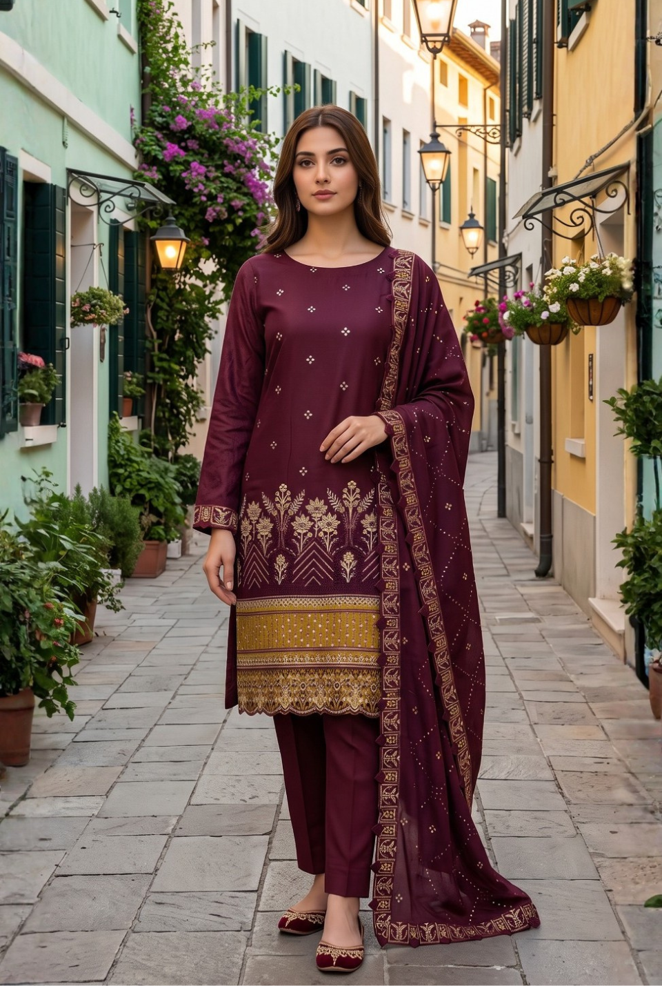 Women's Unstitched burgundy 5 Pcs Self Jacquard Sequins Embroidered Suit