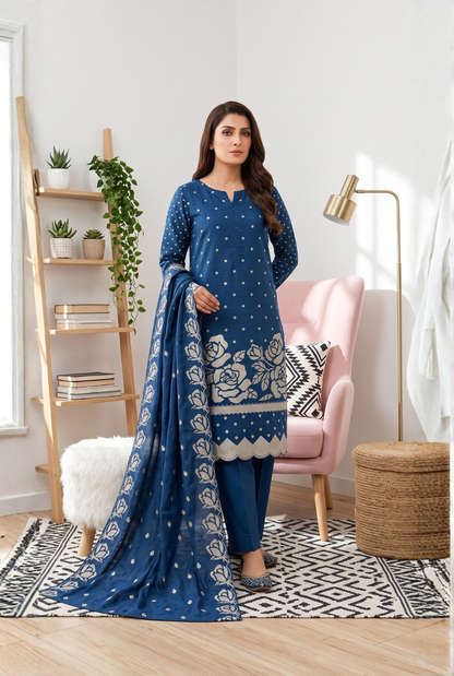Women's Unstitched Navy 5 Pcs Self Jacquard Sequins Embroidered Suit