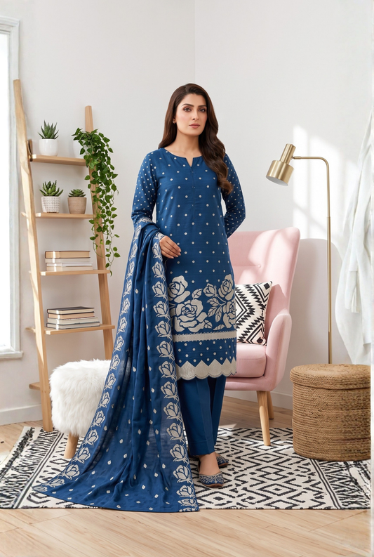 Women's Unstitched Navy 5 Pcs Self Jacquard Sequins Embroidered Suit