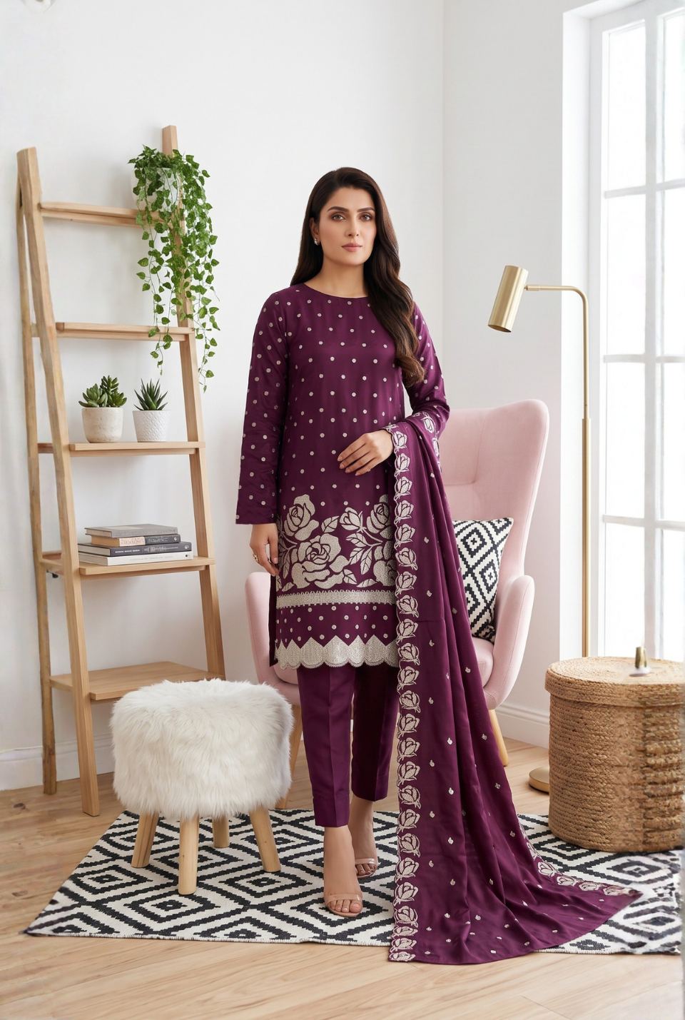 Women's Unstitched Navy 5 Pcs Self Jacquard Sequins Embroidered Suit