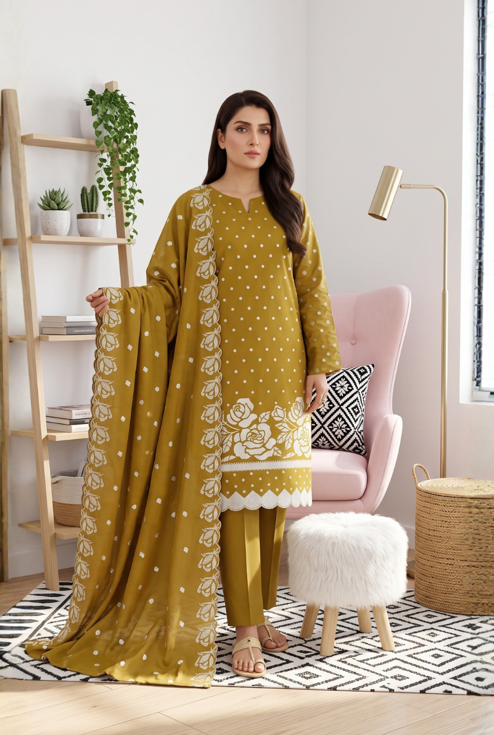 Women's Unstitched Navy 5 Pcs Self Jacquard Sequins Embroidered Suit