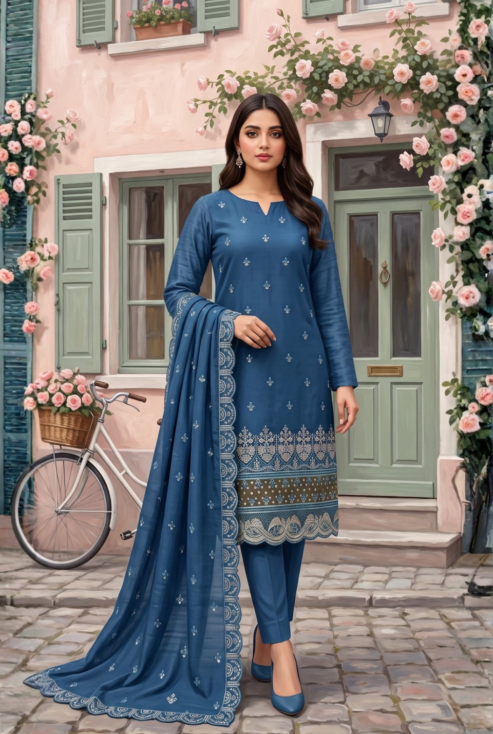 Women's Unstitched Navy 5 Pcs Self Jacquard Sequins Embroidered Suit