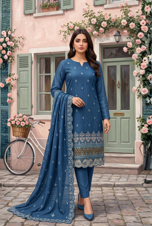 Women's Unstitched Navy 5 Pcs Self Jacquard Sequins Embroidered Suit