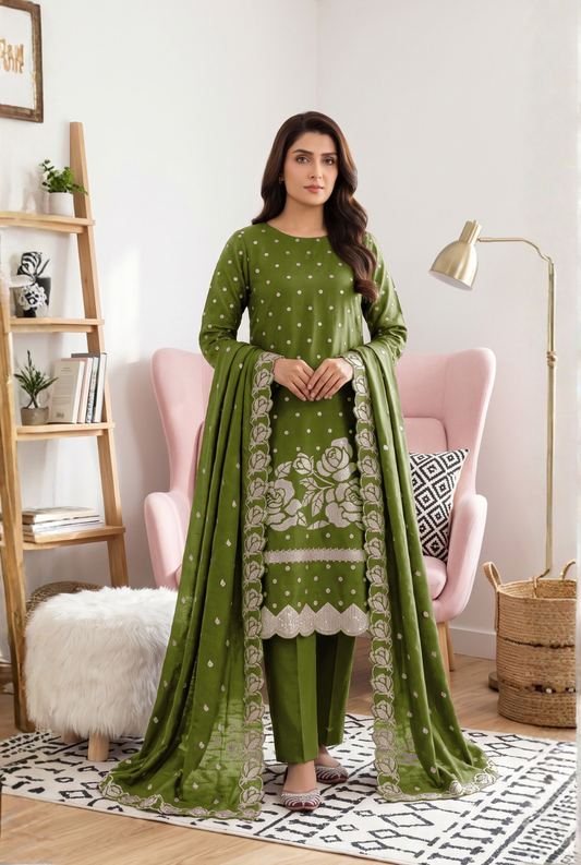 Women's Unstitched Green 5 Pcs Self Jacquard Sequins Embroidered Suit