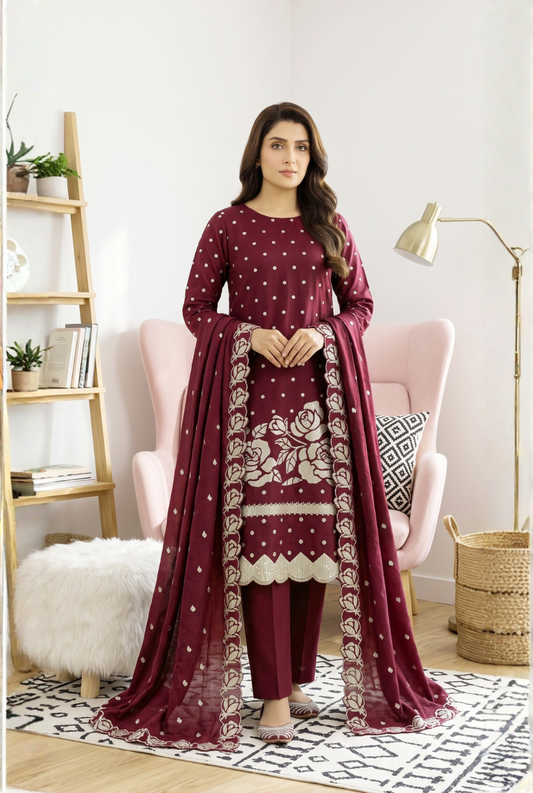 Women's Unstitched Green 5 Pcs Self Jacquard Sequins Embroidered Suit