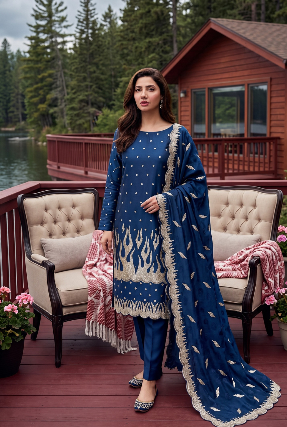 Women's Unstitched Navy 5 Pcs Self Jacquard Sequins Embroidered Suit
