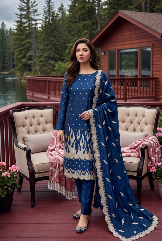 Women's Unstitched Navy 5 Pcs Self Jacquard Sequins Embroidered Suit