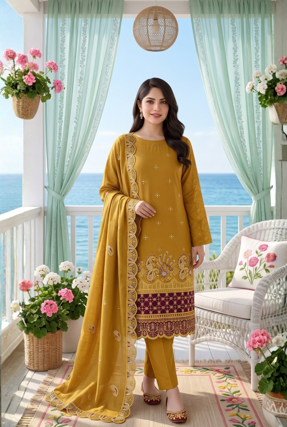 Women's Unstitched Purple 5 Pcs Self Jacquard Sequins Embroidered Suit