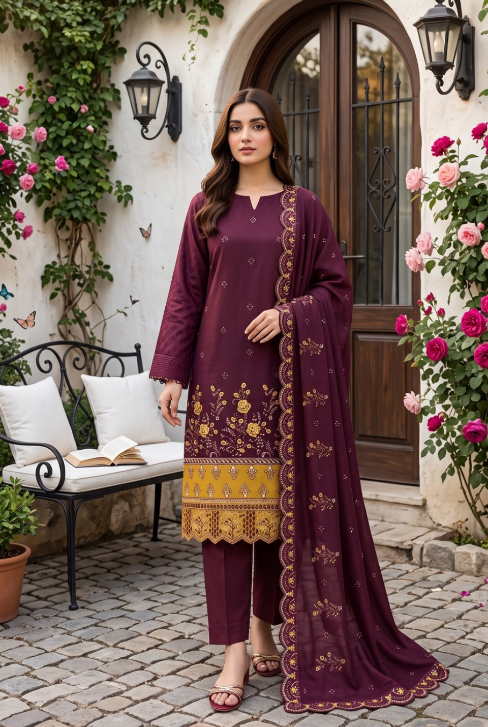 Women's Unstitched Olive Green 5 Pcs Self Jacquard Sequins Embroidered Suit