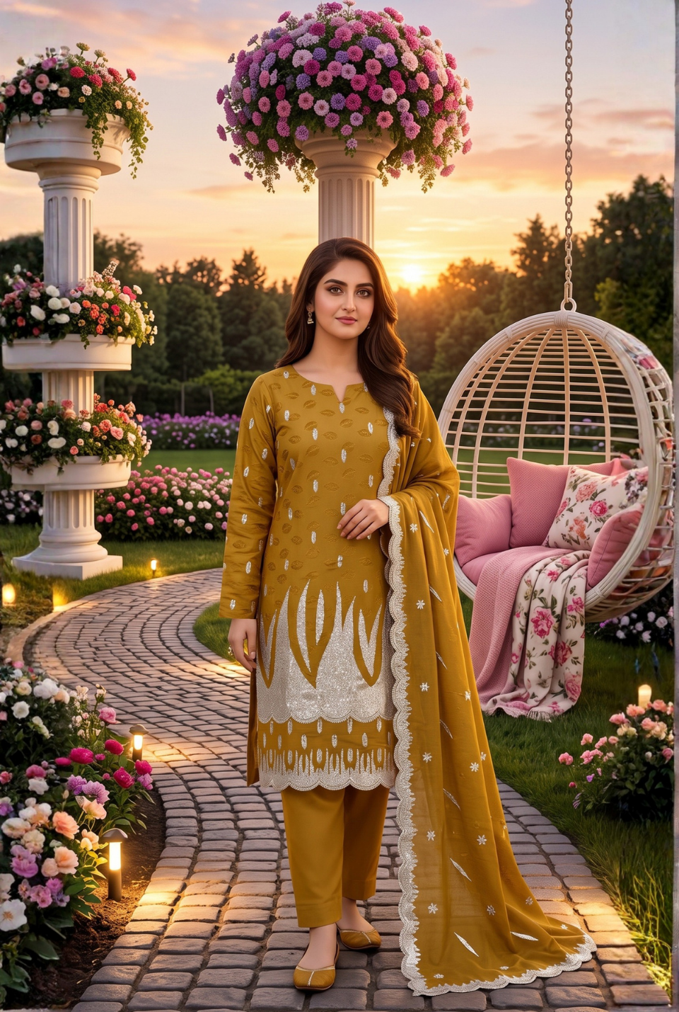 Women's Unstitched Mustard 5 Pcs Self Jacquard Sequins Embroidered Suit