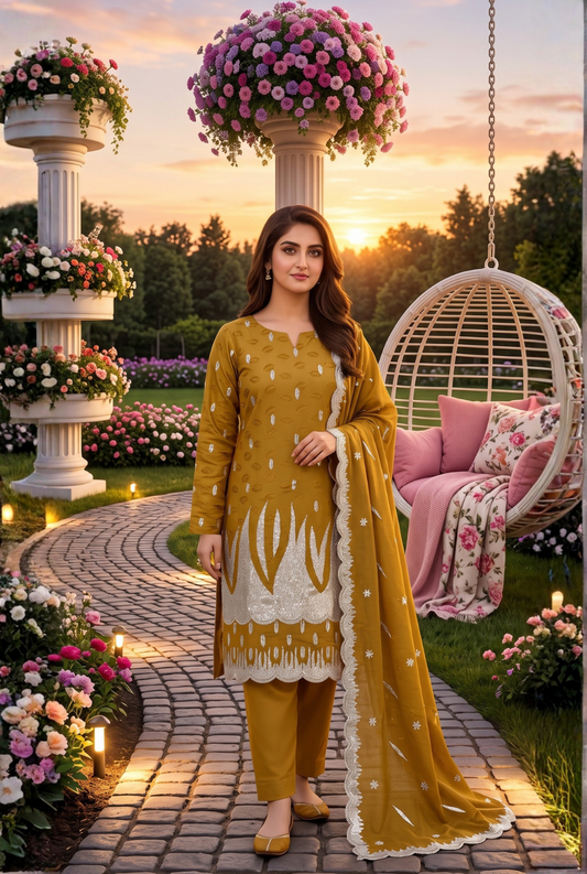 Women's Unstitched Mustard 5 Pcs Self Jacquard Sequins Embroidered Suit