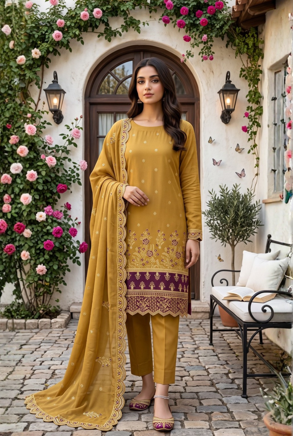 Women's Unstitched Olive Green 5 Pcs Self Jacquard Sequins Embroidered Suit