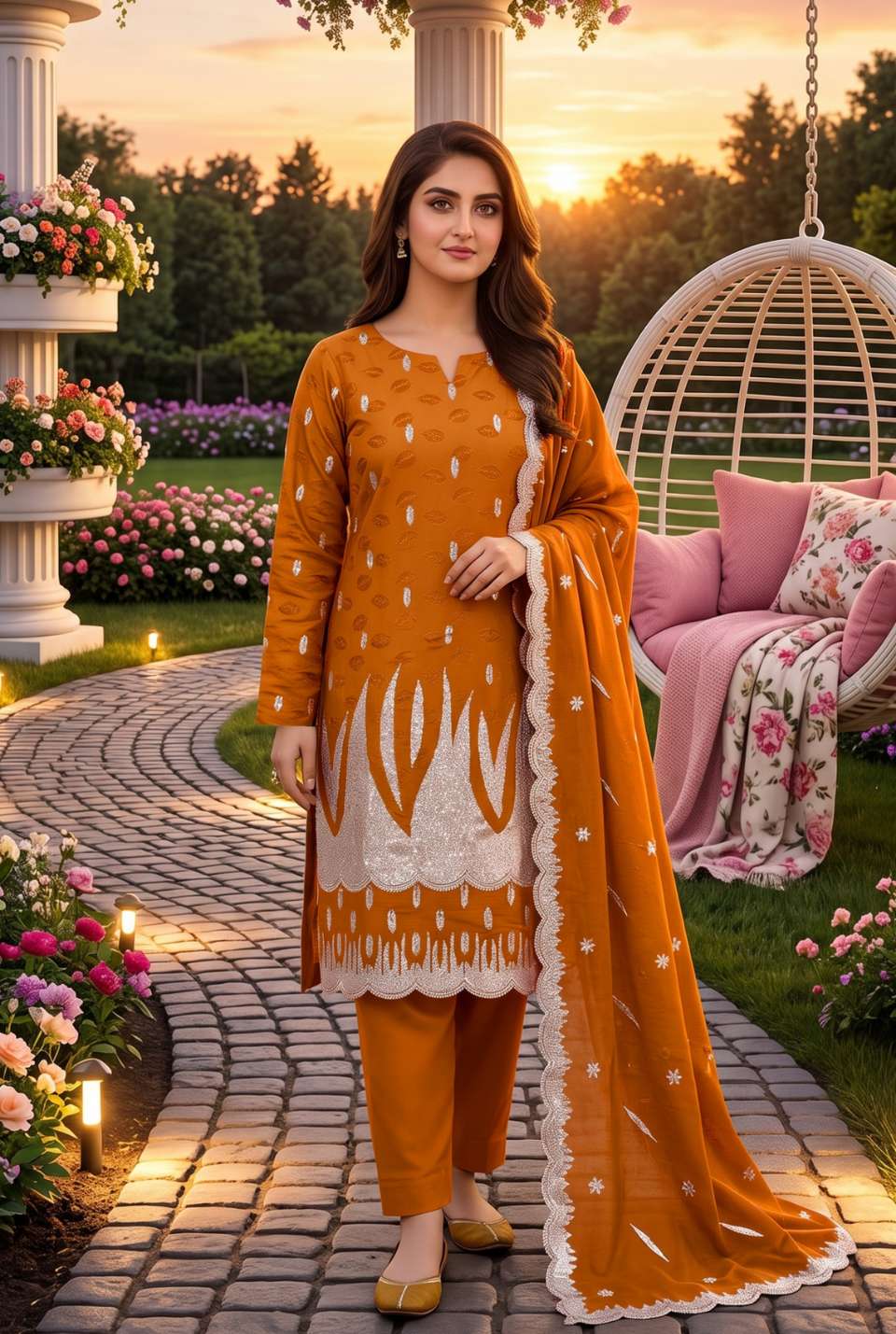 Women's Unstitched Mustard 5 Pcs Self Jacquard Sequins Embroidered Suit