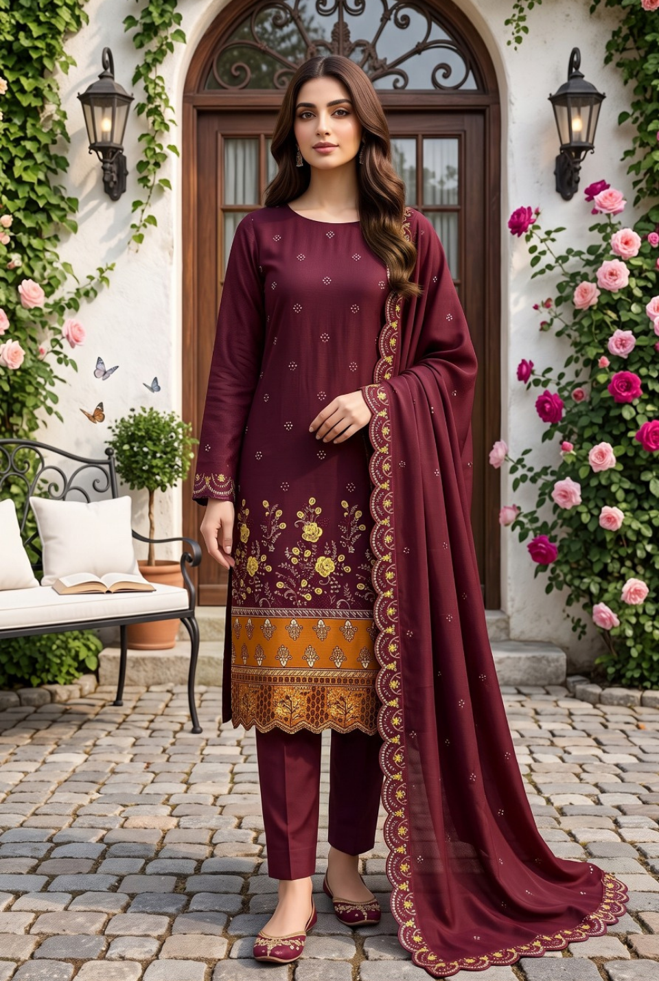 Women's Unstitched Olive Green 5 Pcs Self Jacquard Sequins Embroidered Suit