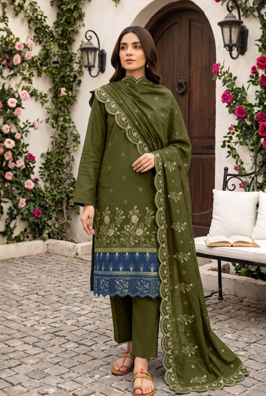 Women's Unstitched Olive Green 5 Pcs Self Jacquard Sequins Embroidered Suit
