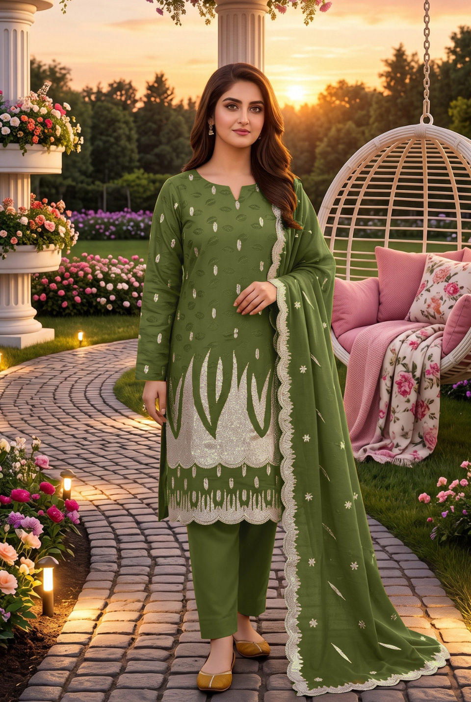 Women's Unstitched Mustard 5 Pcs Self Jacquard Sequins Embroidered Suit