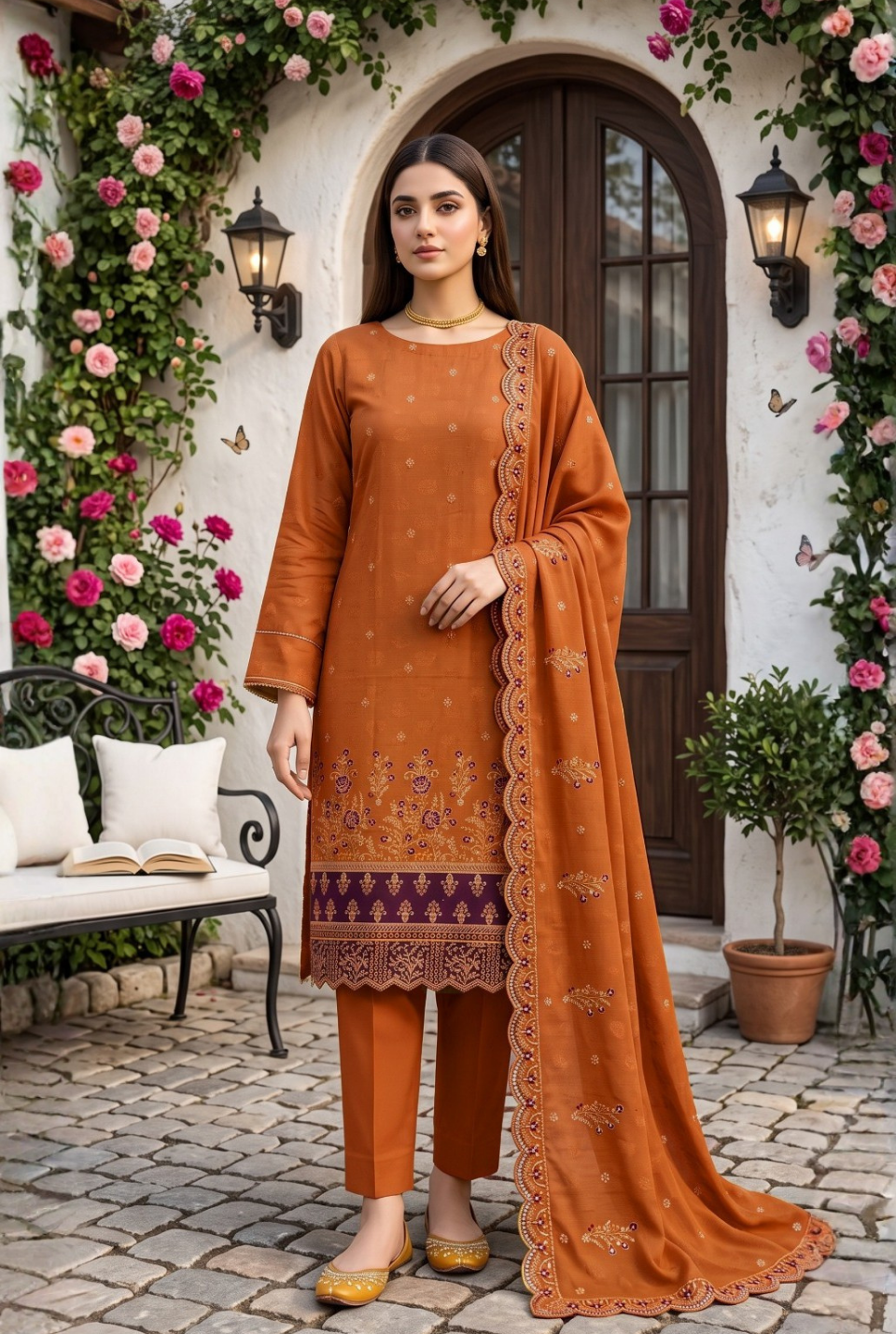 Women's Unstitched Olive Green 5 Pcs Self Jacquard Sequins Embroidered Suit