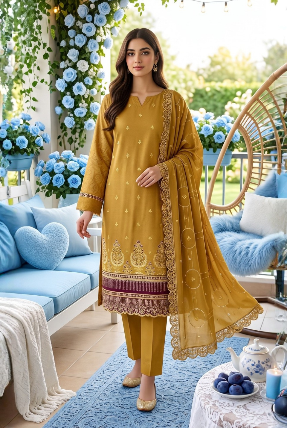 Women's Unstitched Orange 5 Pcs Self Jacquard Sequins Embroidered Suit