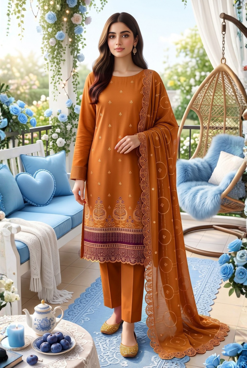 Women's Unstitched Orange 5 Pcs Self Jacquard Sequins Embroidered Suit