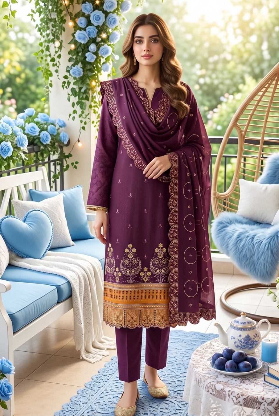 Women's Unstitched Orange 5 Pcs Self Jacquard Sequins Embroidered Suit