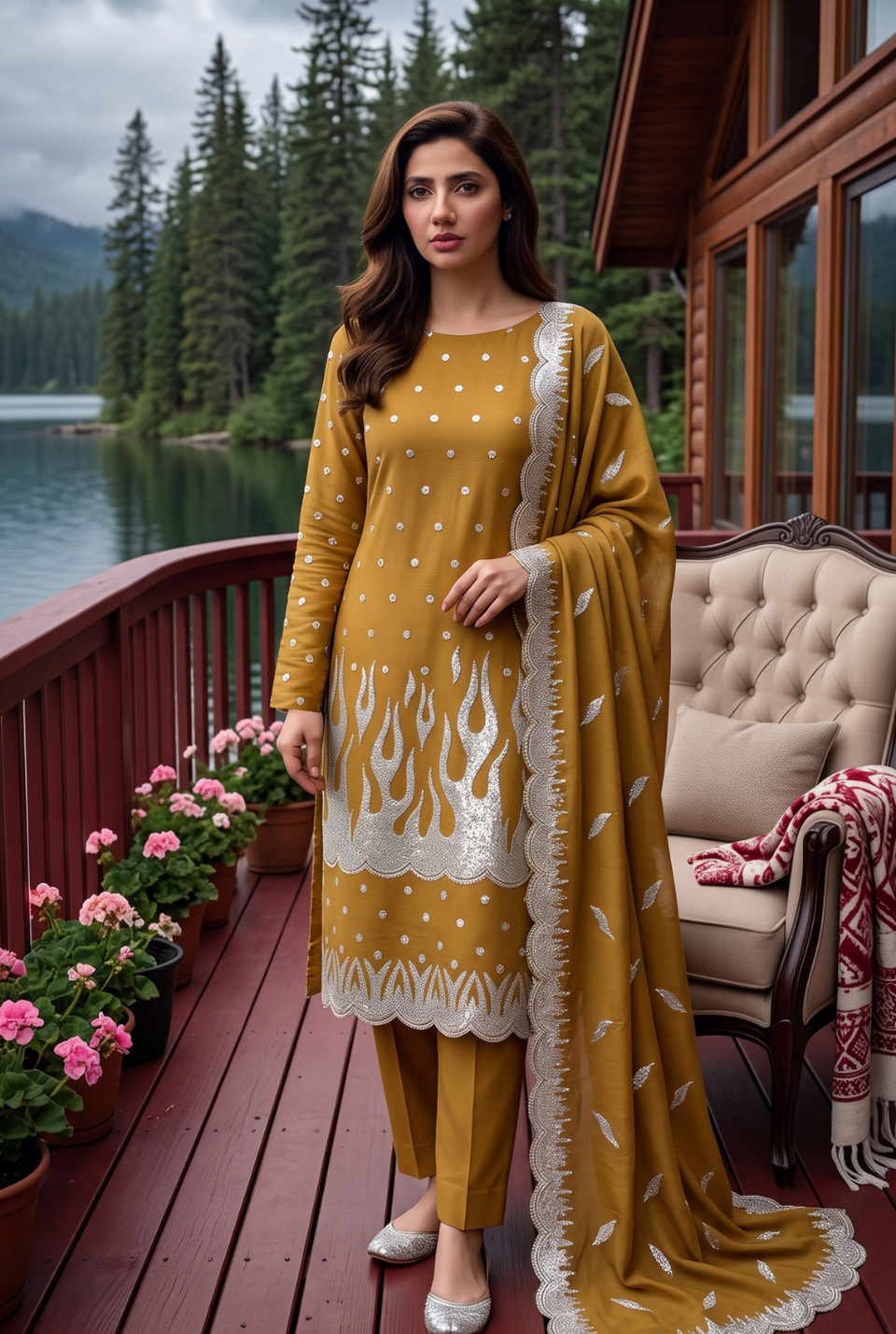 Women's Unstitched Navy 5 Pcs Self Jacquard Sequins Embroidered Suit