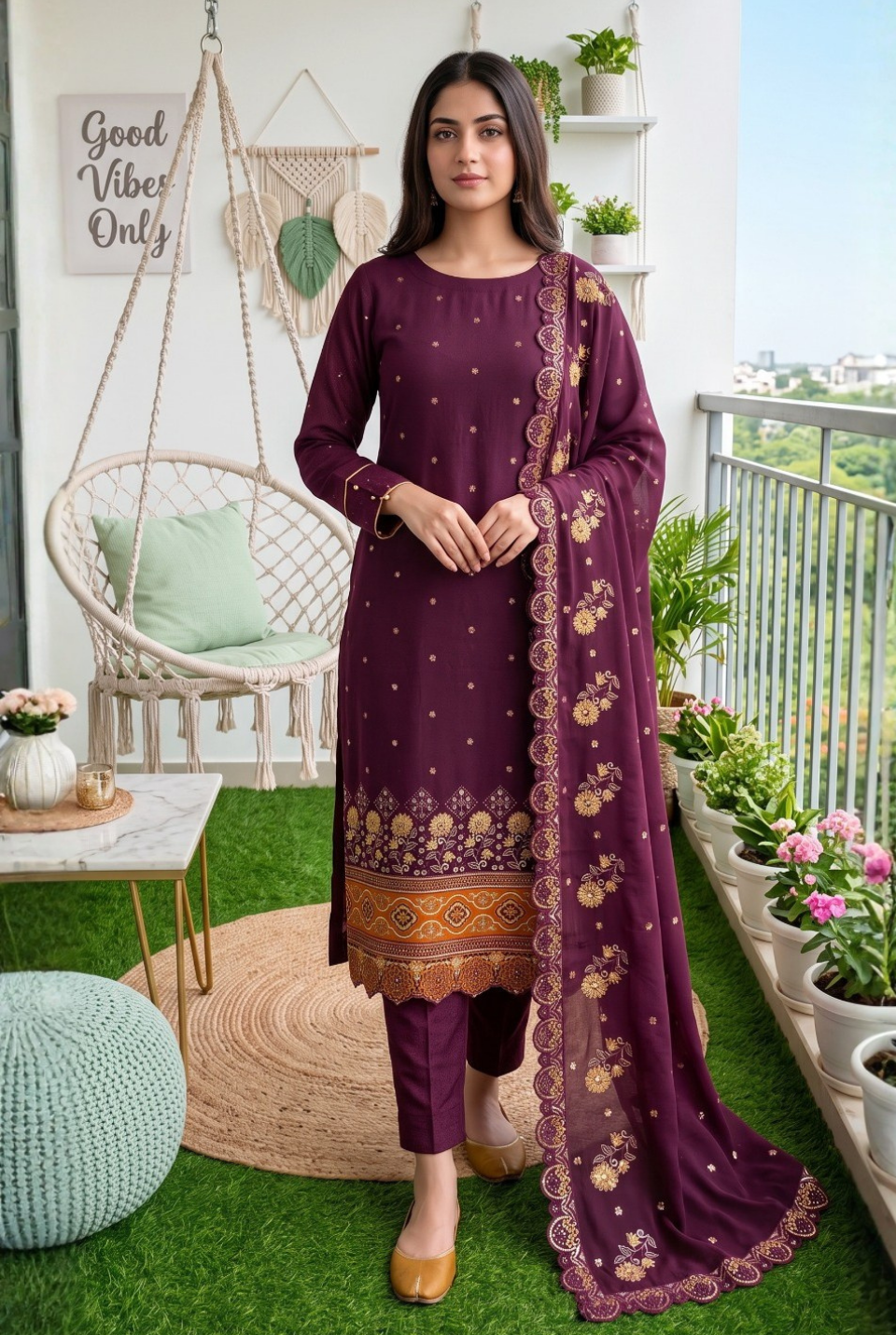 Women's Unstitched Olive Green 5 Pcs Self Jacquard Sequins Embroidered Suit