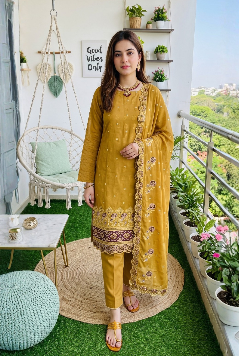Women's Unstitched Olive Green 5 Pcs Self Jacquard Sequins Embroidered Suit