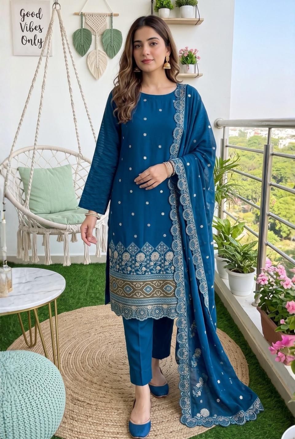 Women's Unstitched Olive Green 5 Pcs Self Jacquard Sequins Embroidered Suit