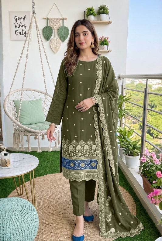 Women's Unstitched Olive Green 5 Pcs Self Jacquard Sequins Embroidered Suit