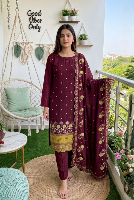 Women's Unstitched Olive Green 5 Pcs Self Jacquard Sequins Embroidered Suit