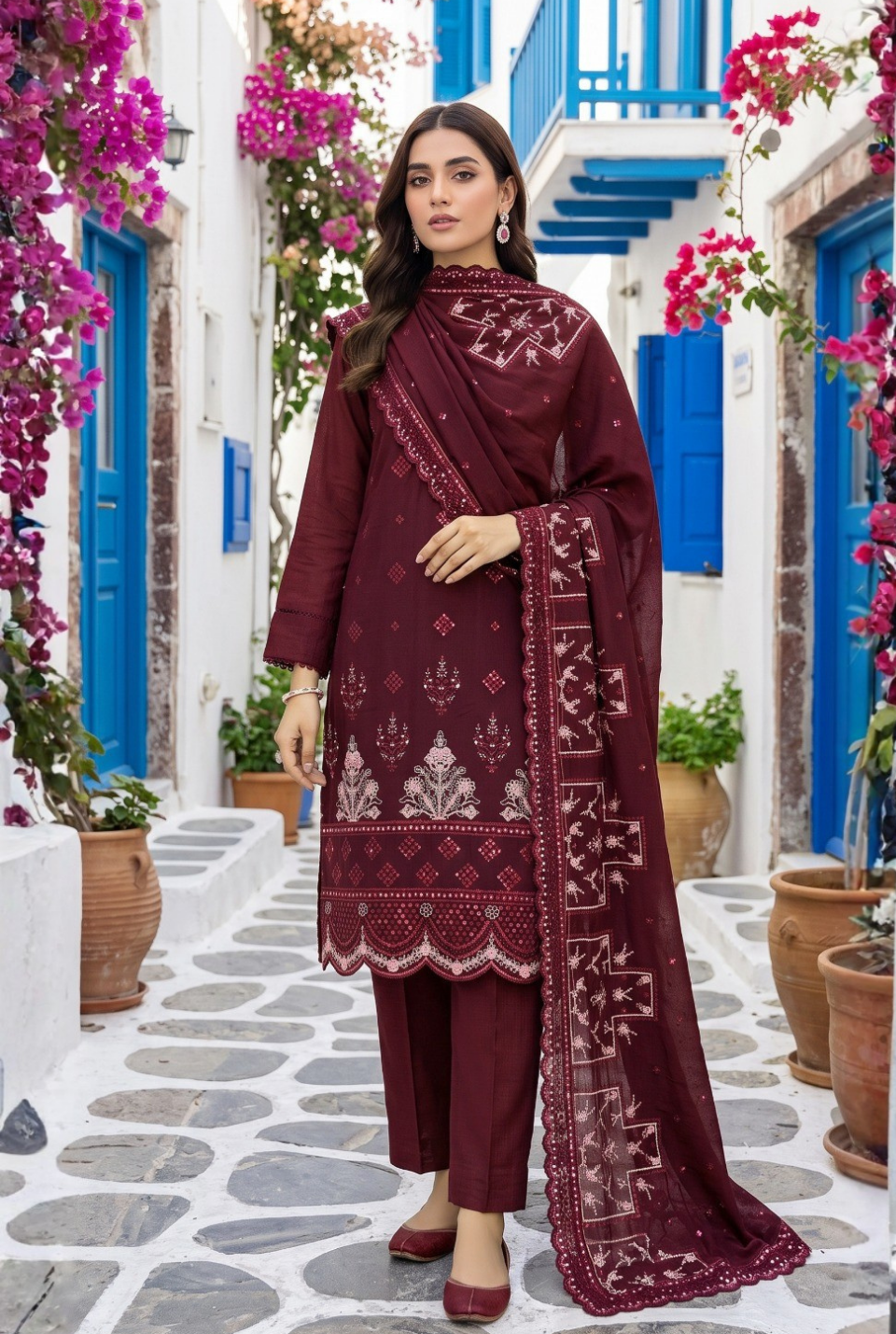 Women's Unstitched Olive Green 5 Pcs Self Jacquard Sequins Embroidered Suit