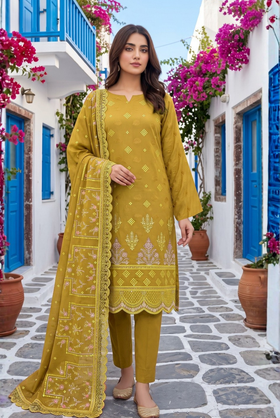 Women's Unstitched Olive Green 5 Pcs Self Jacquard Sequins Embroidered Suit