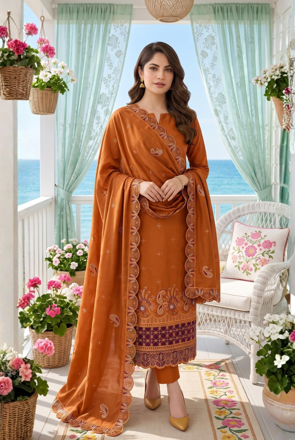 Women's Unstitched Purple 5 Pcs Self Jacquard Sequins Embroidered Suit