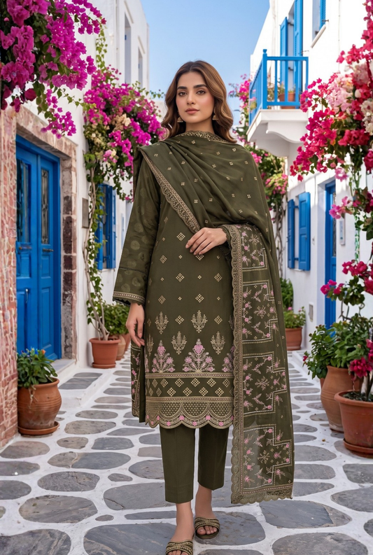 Women's Unstitched Olive Green 5 Pcs Self Jacquard Sequins Embroidered Suit