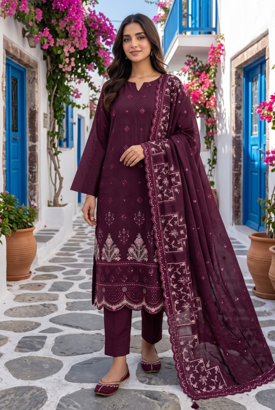 Women's Unstitched Olive Green 5 Pcs Self Jacquard Sequins Embroidered Suit