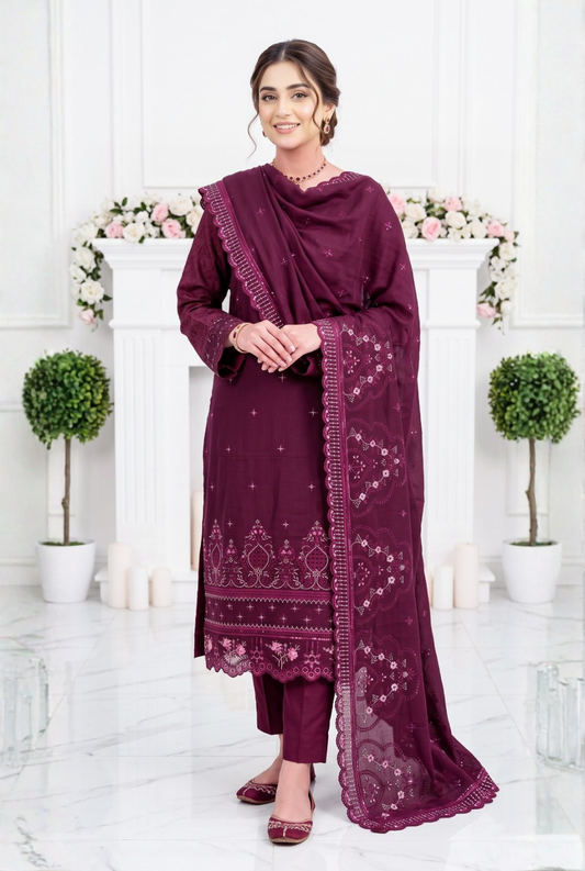 Women's Unstitched Terracotta 5 Pcs Self Jacquard Sequins Embroidered Suit
