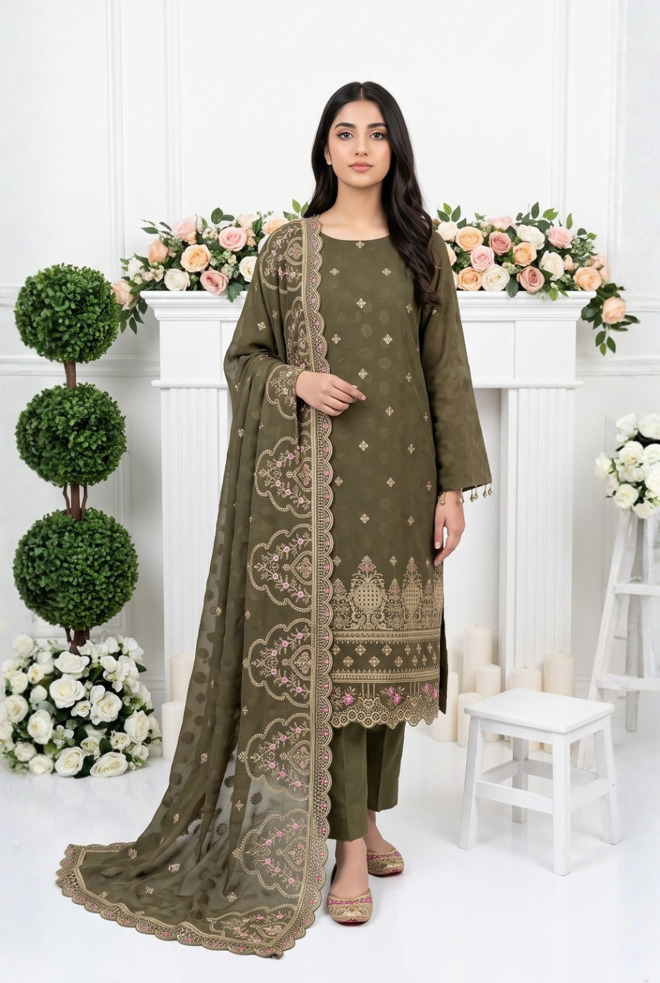 Women's Unstitched Terracotta 5 Pcs Self Jacquard Sequins Embroidered Suit