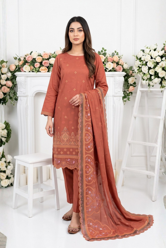 Women's Unstitched Terracotta 5 Pcs Self Jacquard Sequins Embroidered Suit