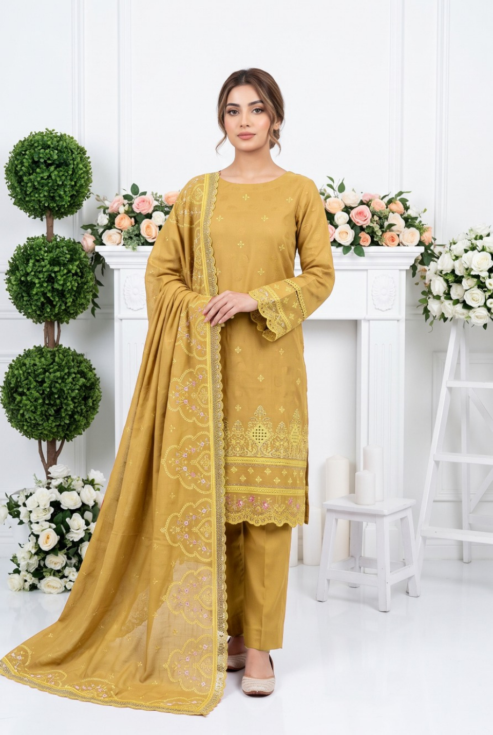 Women's Unstitched Terracotta 5 Pcs Self Jacquard Sequins Embroidered Suit