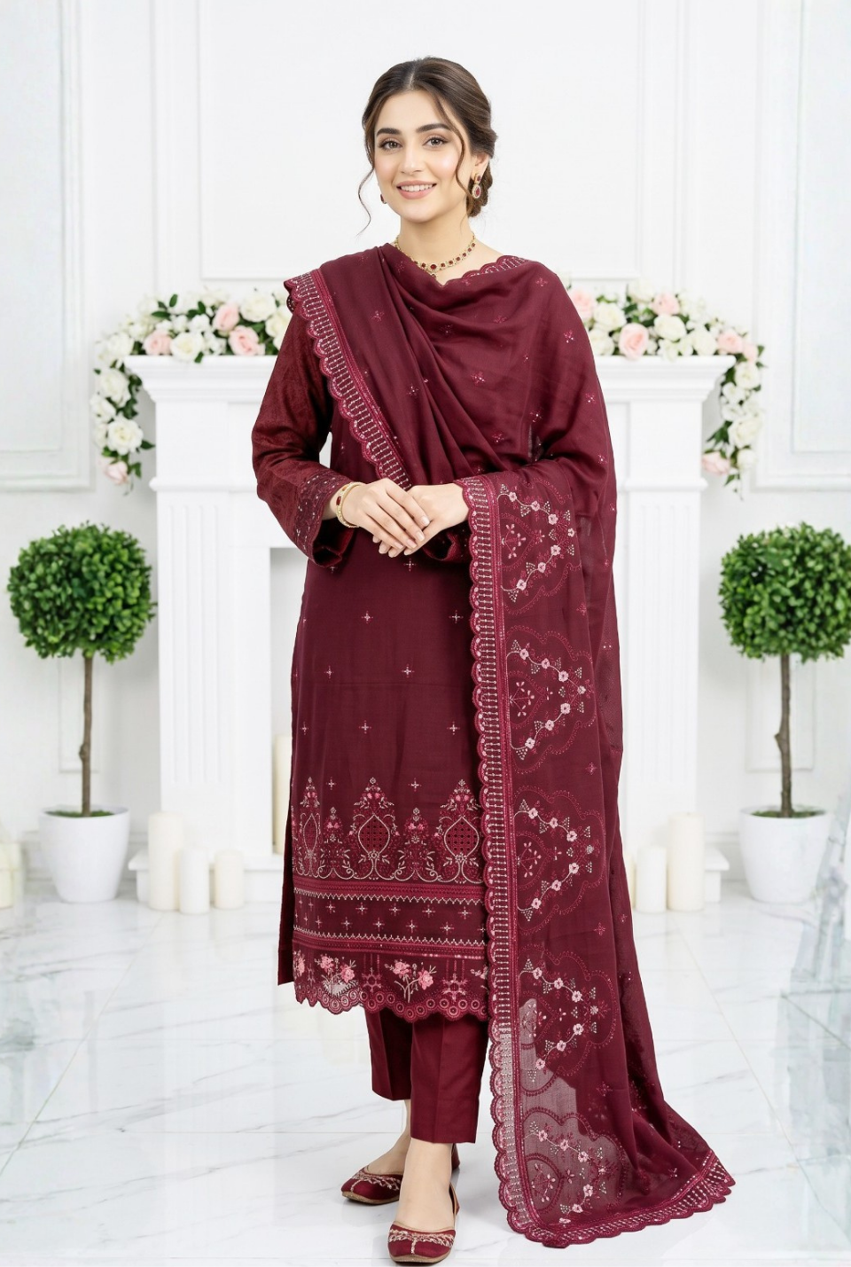 Women's Unstitched Terracotta 5 Pcs Self Jacquard Sequins Embroidered Suit