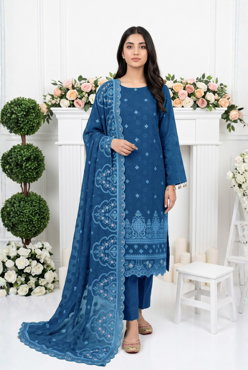 Women's Unstitched Terracotta 5 Pcs Self Jacquard Sequins Embroidered Suit