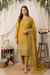 Women's Unstitched Mustard Yellow 5 Pcs Self Jacquard Sequins Embroidered Suit