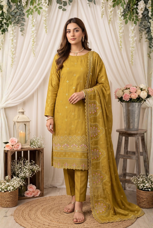 Women's Unstitched Mustard Yellow 5 Pcs Self Jacquard Sequins Embroidered Suit
