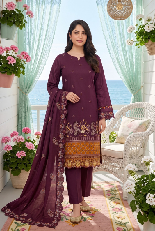 Women's Unstitched Purple 5 Pcs Self Jacquard Sequins Embroidered Suit