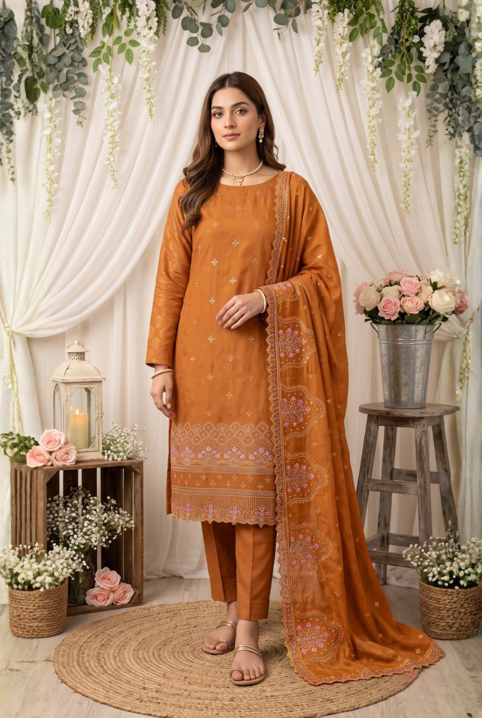 Women's Unstitched Deep Plum 5 Pcs Self Jacquard Sequins Embroidered Suit